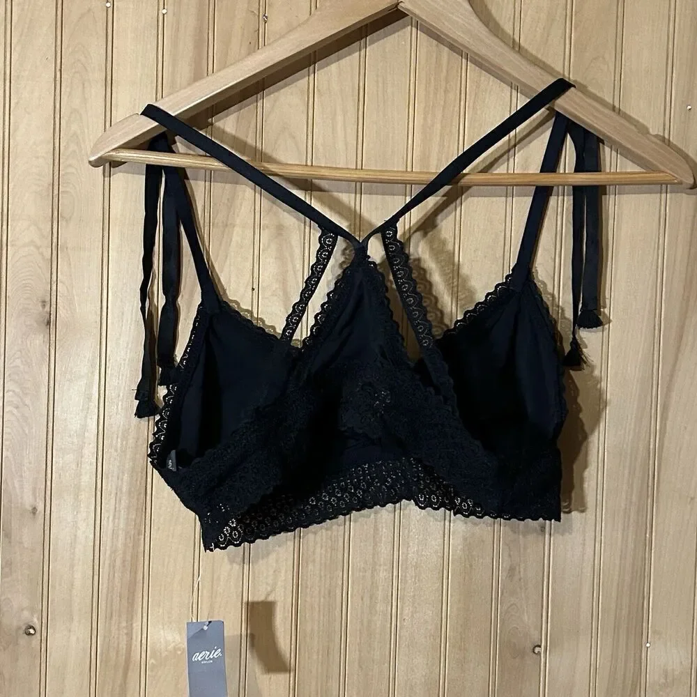 AERIE Womens Large NWT Black Lace Tassel Tie Triangle Strappy Bralette